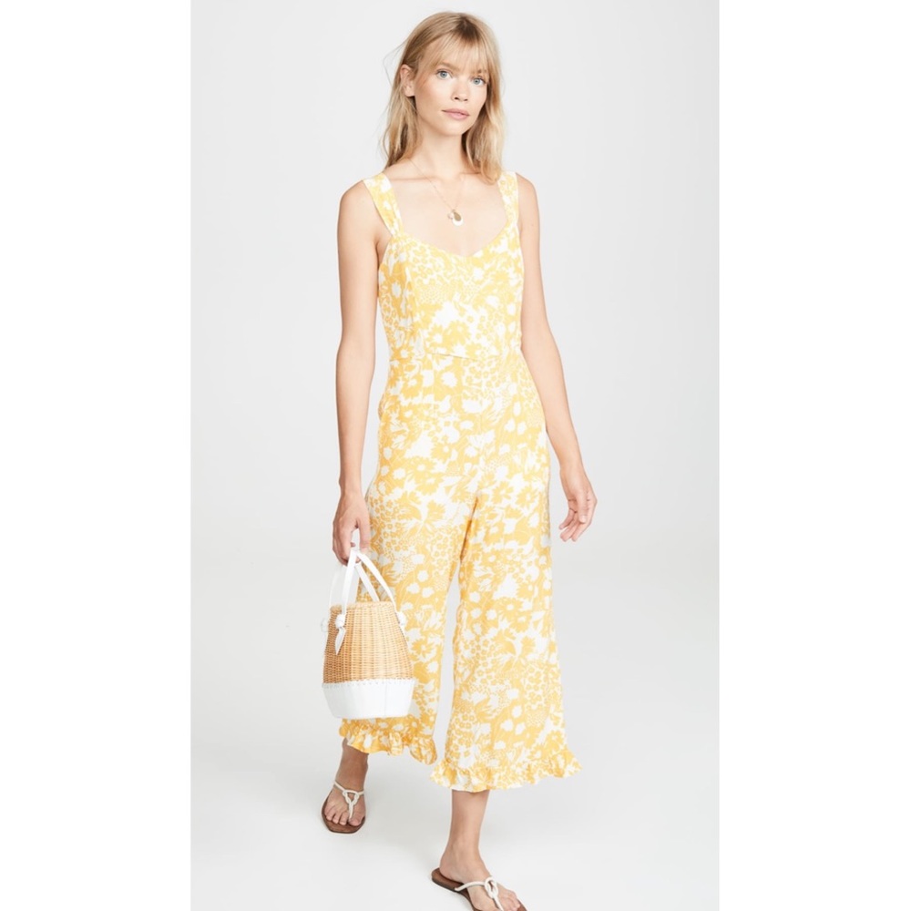 Faithfull the Brand Yellow Floral Ruffled-Hem Jumpsuit